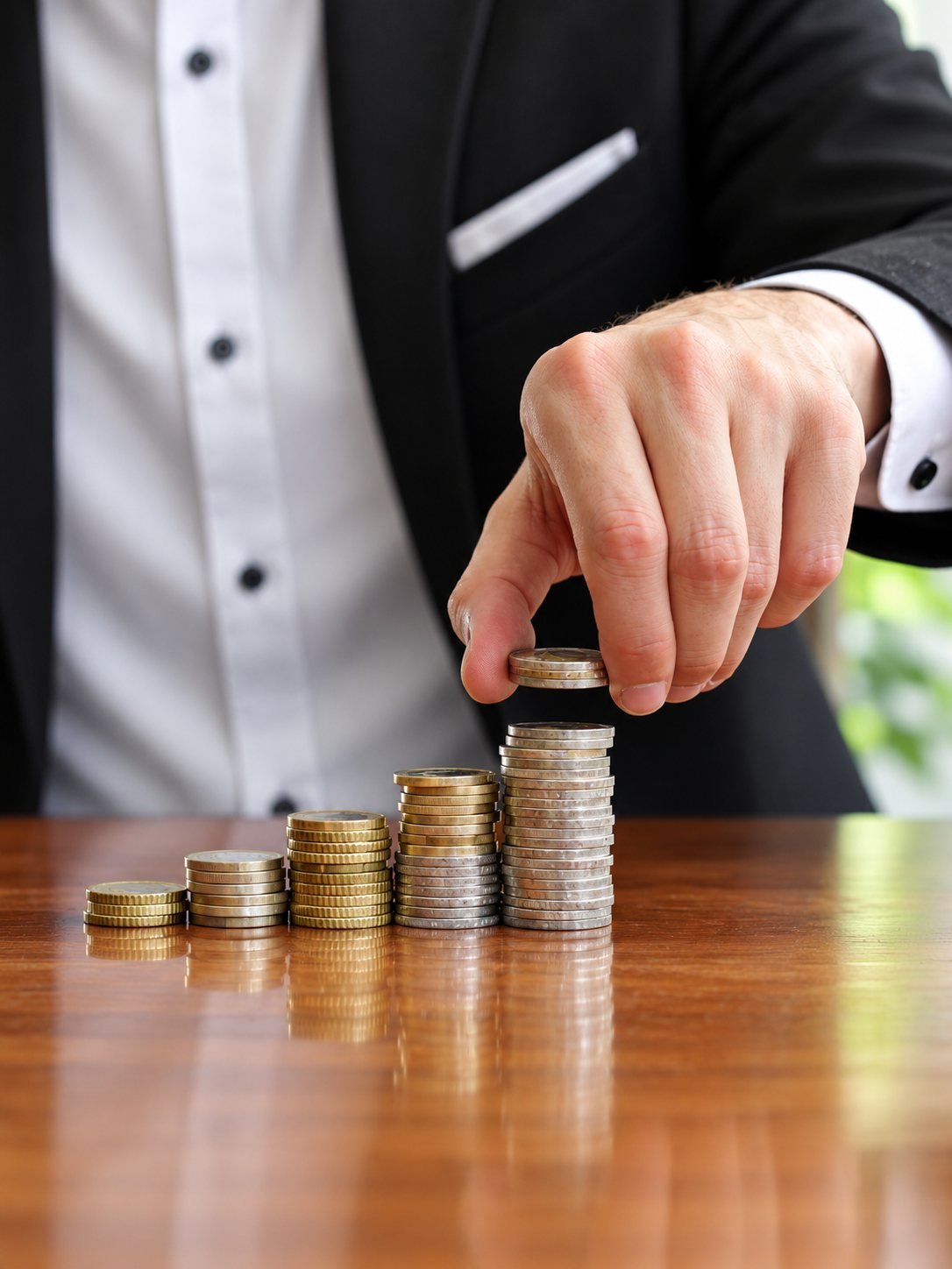 Mão empilhando moedas sobre a mesa, símbolo do Direito Bancário: Revisão de contrato bancário e juros abusivos em Tupã/SP