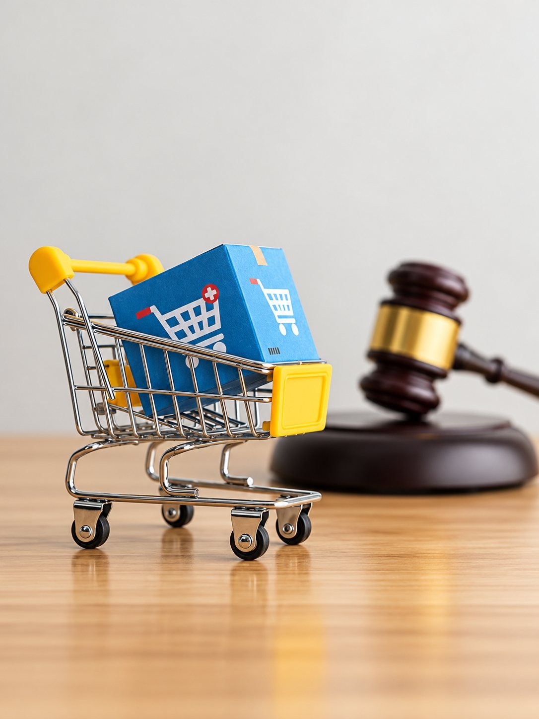 Carrinho de compras com uma caixa de produto ao lado de um martelo de juiz, símbolo do Direito do Consumidor