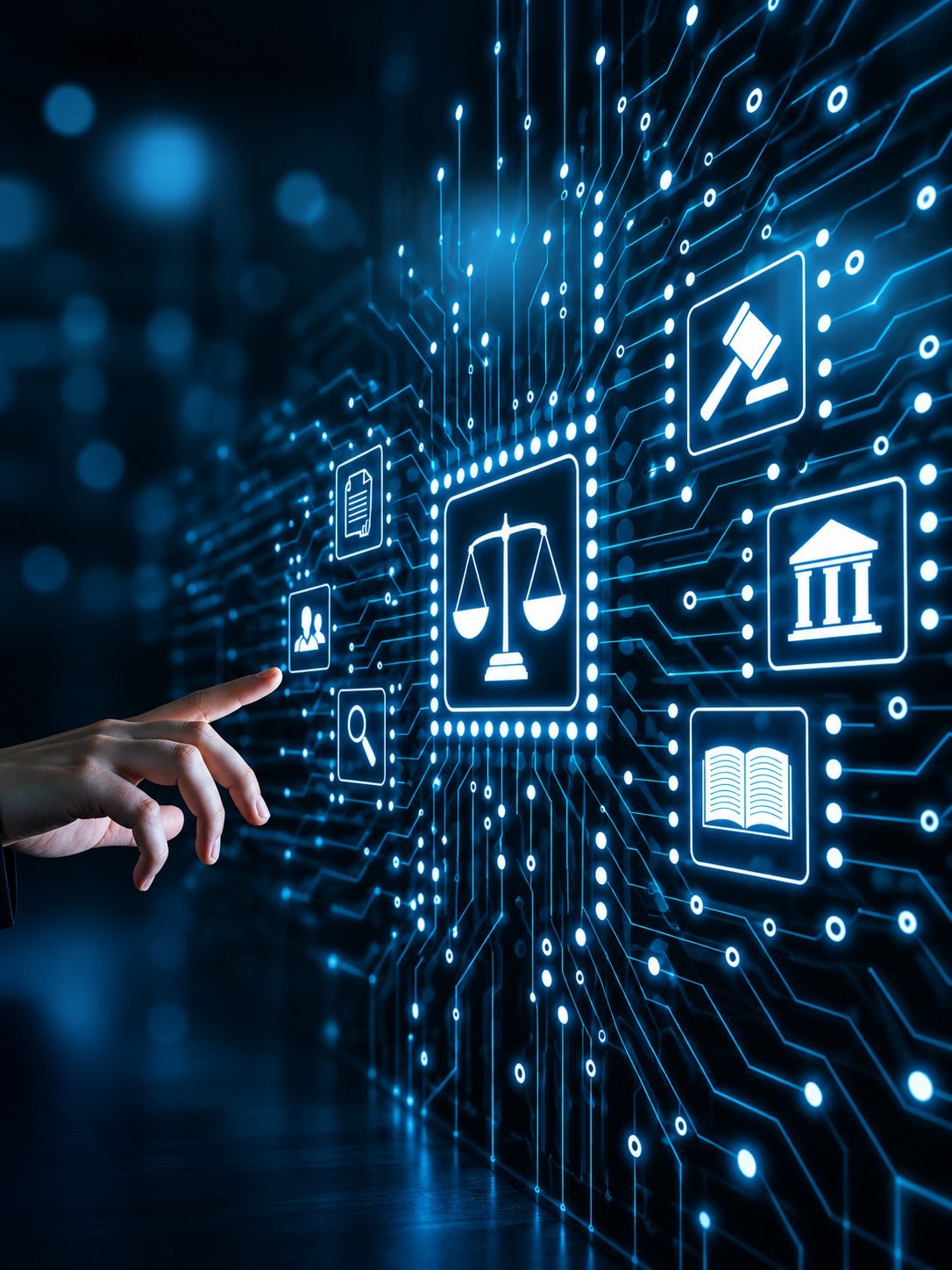 Mão tocando ícones jurídicos em um circuito digital, símbolo do Direito Digital