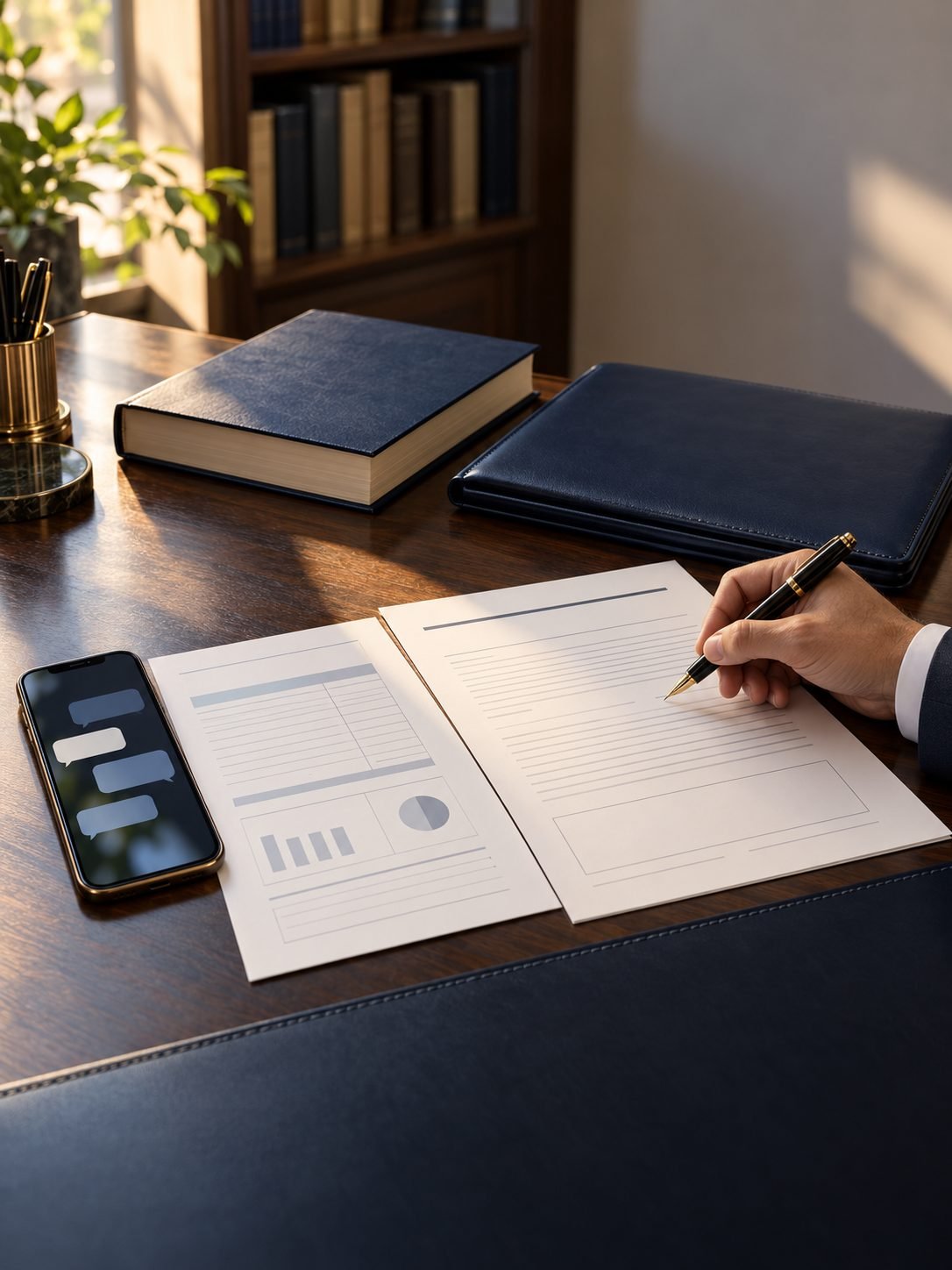Mesa de escritório de advocacia com celular aberto numa conversa, extrato e contrato sendo revisados à caneta